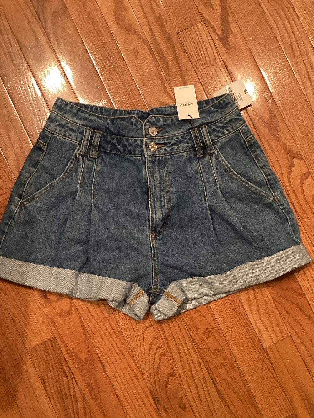 Forever 21 Dark Blue High-Waist Rolled Cuff Denim Shorts